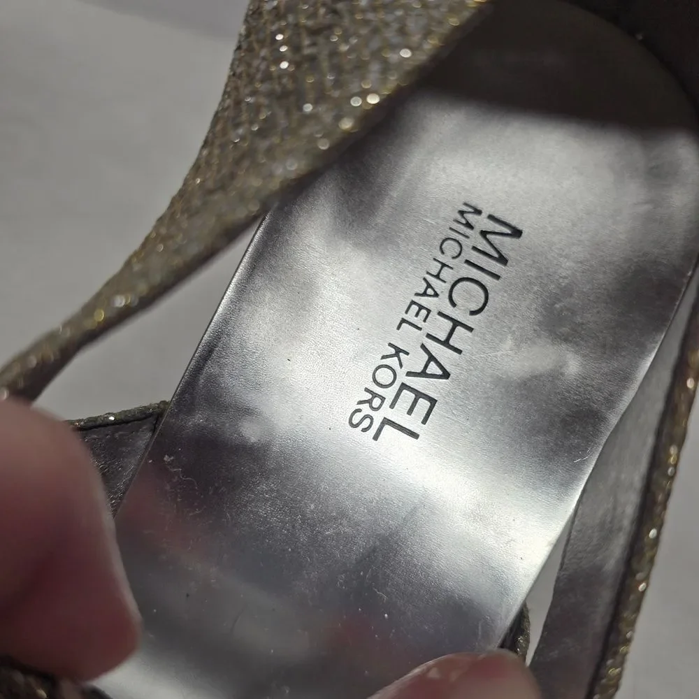 Michael Kors Berkley T-Strap Silver Glitter Dress Sandals Size 9 Formal Evening
